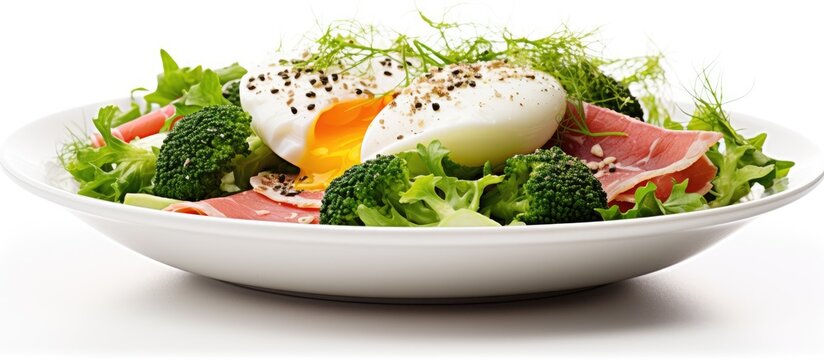 A delicious and nutritious bowl of salad featuring a combination of fresh vegetables, egg, and ham with sesame seeds and broccoli