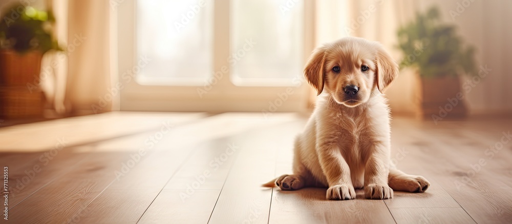 Poster adorable retriever puppy sitting on the floor indoors in front of a window, looking out with curiosi