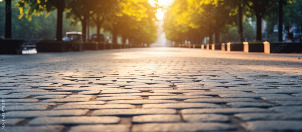 Poster a cobblestone road with trees in the background on a sunlit empty street near the park, viewed from 