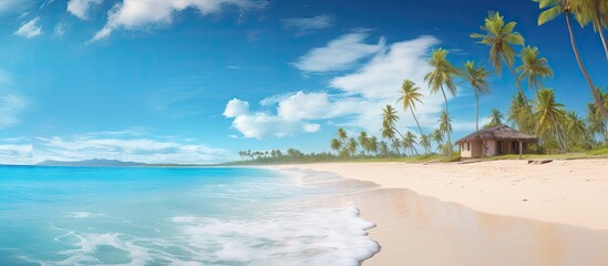 Scenic tropical beach with a charming hut and lush palm trees, basking under the warm sunlight - Powered by Adobe
