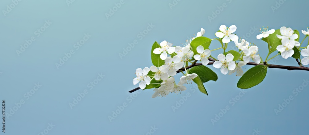 Poster close-up view of a delicate branch from a tree adorned with small white flowers in full bloom, a tra