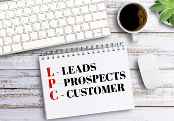 Business quotes, LEADS,PROSPECTS,CUSTOMER on notebook or paper in office desk, office workplace,