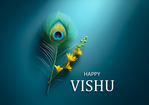 Realistic background with peacock feather and konna flower for vishu celebration.