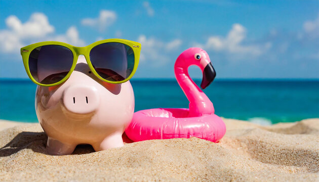 Travel savings concept design of piggy bank with sunglasses and inflatable flamingo on the sand beach Tropical summer 3D render