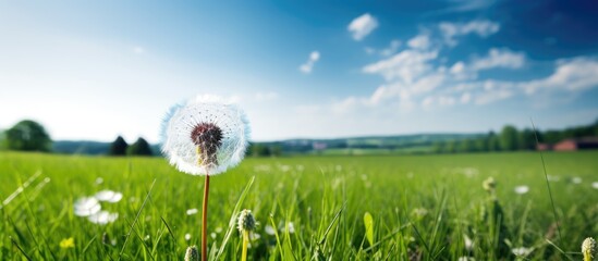 A beautiful dandelion flower stands out in a vast expanse of vibrant green grass under the clear blue sky