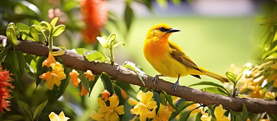 Rolgordijnen A vibrant Mexican yellow bird is perched gracefully on a tree branch surrounded by yellow flowers © vxnaghiyev