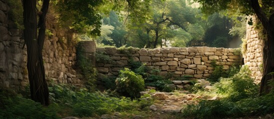 Stone wall almost concealed by the lush green foliage of plants and trees in the picturesque Crimea Massandra region - obrazy, fototapety, plakaty