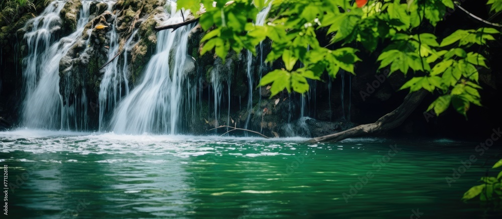 Poster a picturesque waterfall in the midst of a lush forest with colorful leaves and soft emerald green wa