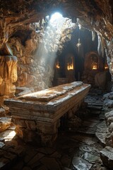 A massive stone bench situated within a cavernous cave.