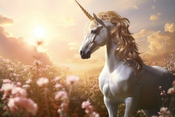 Majestic unicorn with golden horn in field of blooming flowers.
