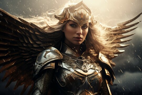 Powerful Valkyrie warrior with intricate armor on battlefield.