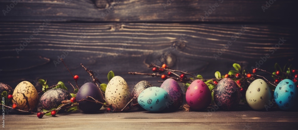 Poster a row of vibrant easter eggs adorned with berries and leaves arranged neatly on a rustic wooden tabl