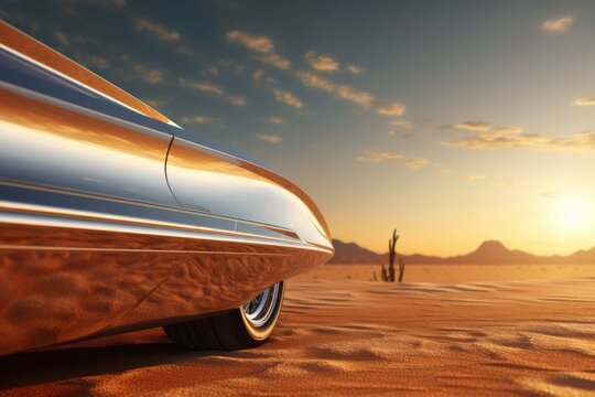 Close-up of a classic car's tailfin against a desert landscape with a blazing sun
