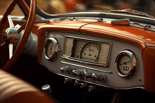 Close-up of a vintage car's dashboard with intricate gauges and a retro radio