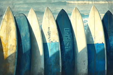white and blue surfboards in line in the style of gol 41603167-3231-4be2-9ea4-74af6fda57a5 0
