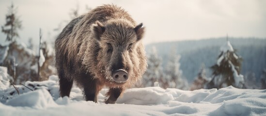 A wild boar is standing in the snowy woods during winter, blending into the white landscape of the forest
