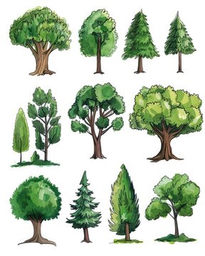 Hand Drawn Set of Various Trees Isolated on White Background. Green Forest Plant Illustration for Design