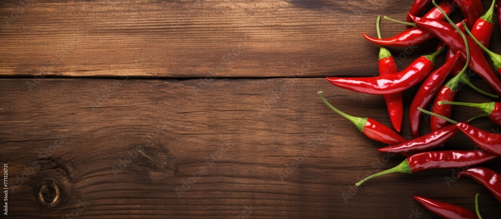 Aufkleber a close-up view of a variety of red hot peppers arranged on a rustic wooden table in natural light