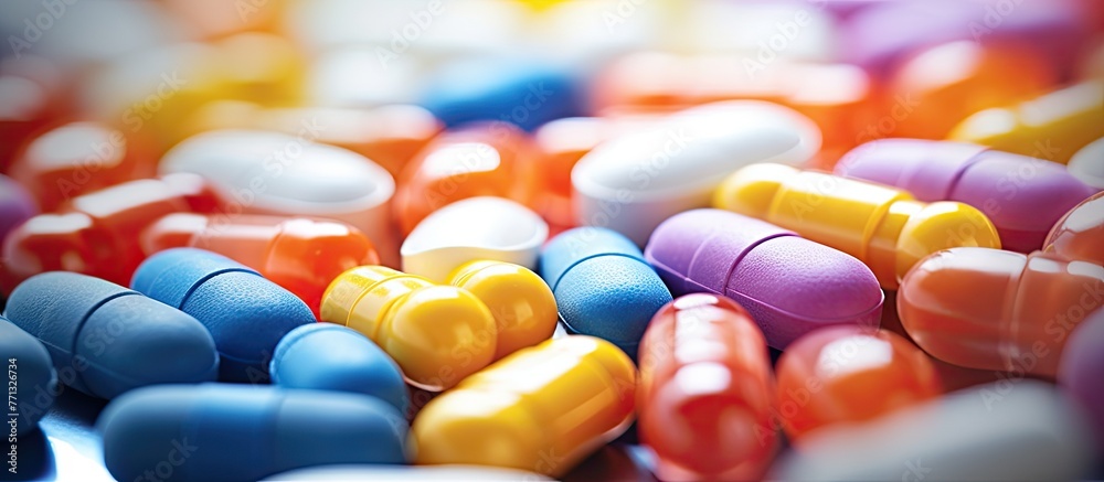 Poster A close-up view showing a variety of pills and tablets in a stack, including different medicines and vitamins for medical purposes
