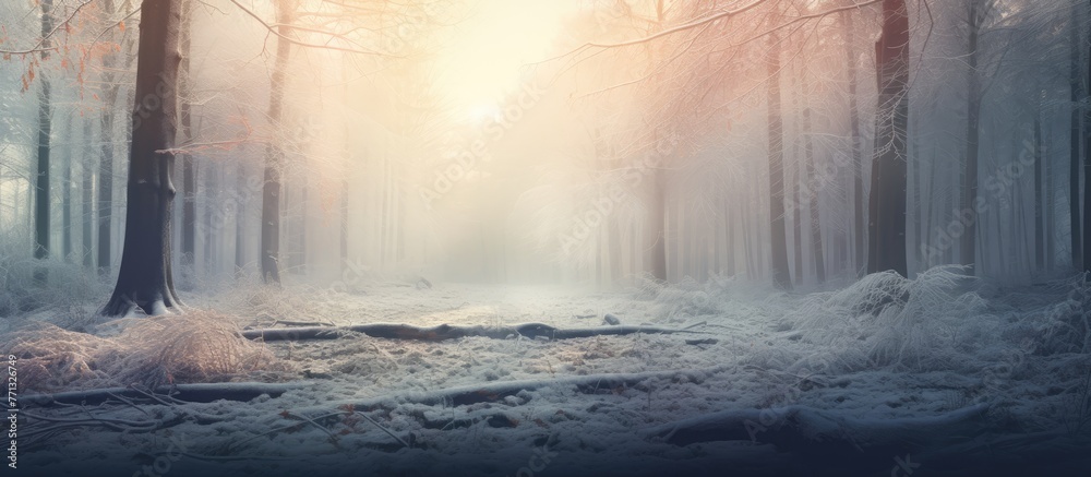 Poster a winter scene in the forest with snow-covered trees, sunbeams cutting through branches, creating a 