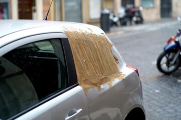 Urban Solution: Makeshift Car Window Cover on City Street