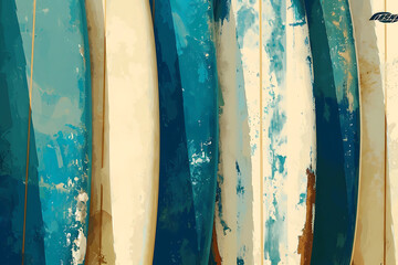 white and blue surfboards in line in the style of gol 41603167-3231-4be2-9ea4-74af6fda57a5 2