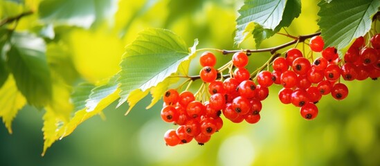 Close-up view of vibrant red berries clustered on a tree branch against a backdrop of lush yellow green leaves