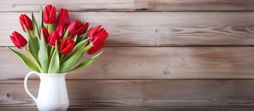 A beautiful display of red tulip flowers in a white vase placed in front of a rustic wooden wall, perfect for an Easter or Valentine's Day greeting card with space for your heartfelt messages