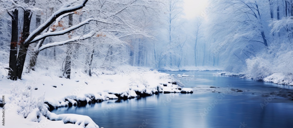 Poster a serene scene of a river winding through a snowy woodland, surrounded by trees with snow-covered br