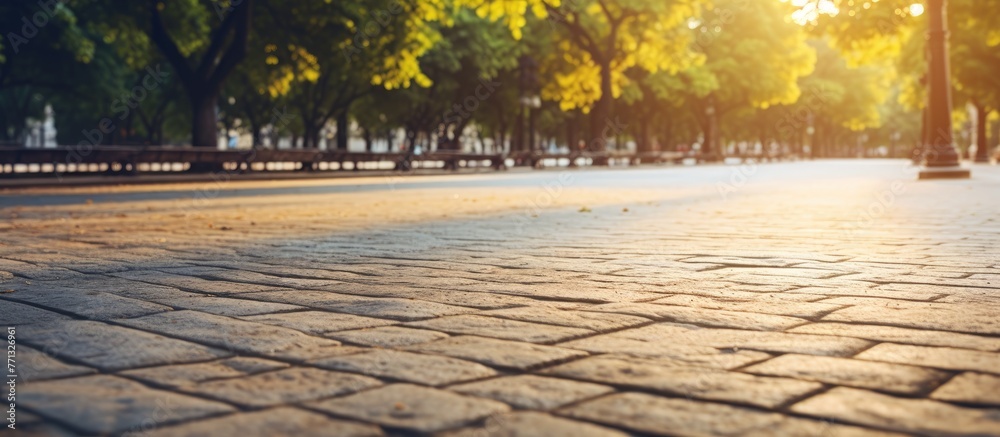 Poster a close up view of a brick sidewalk with leafy trees in the background, under the summer sun, creati