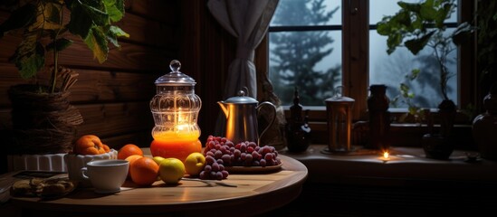 A cozy table setup features a glowing candle, assorted fruits, and a stylish pitcher