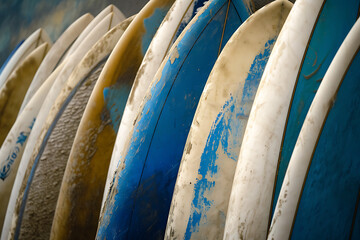 white and blue surfboards in line in the style of gol 41603167-3231-4be2-9ea4-74af6fda57a5 3
