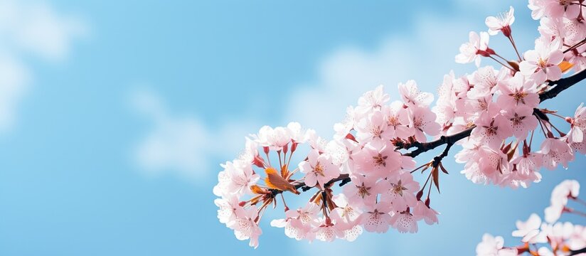 Graceful branches of a cherry tree adorned with beautiful pink blossoms against a clear blue sky on a sunny day