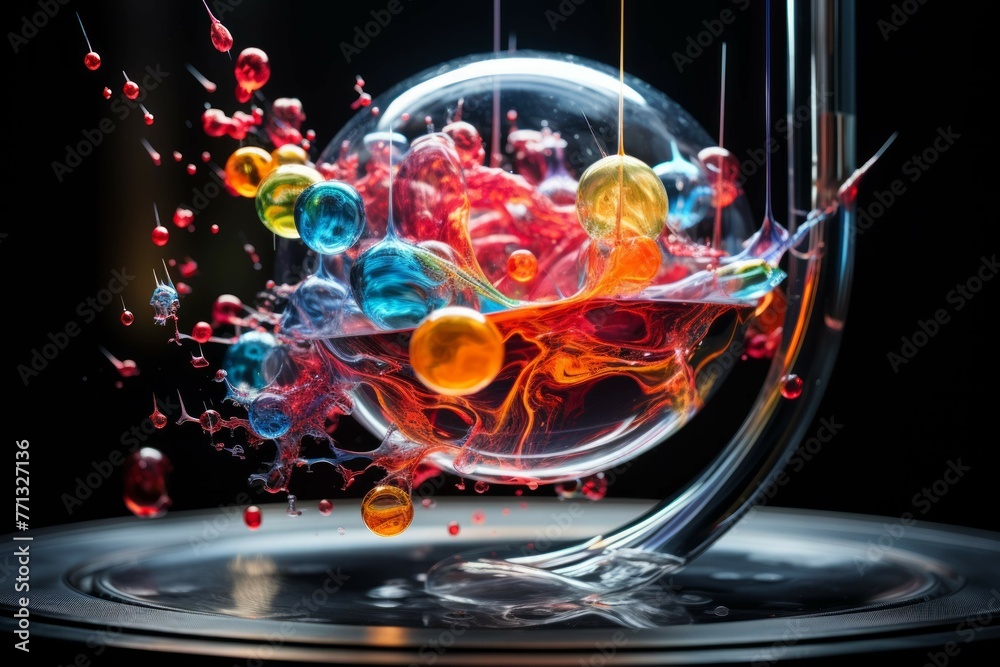 Wall mural close-up shot of a sparkling liquid-filled sphere suspended in a glass container with cascading drop
