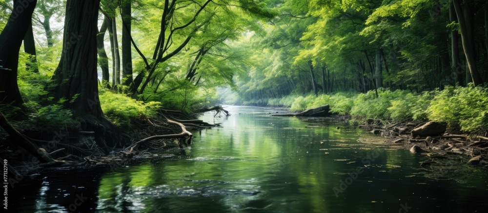 Aufkleber Scenic view of a river meandering through a lush forest filled with towering trees and abundant greenery, creating a tranquil environment for visitors