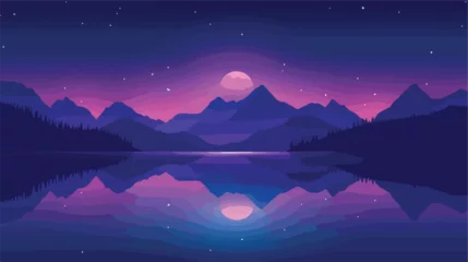 Gordijnen Vector illustration of night landscape with lake © Mishab