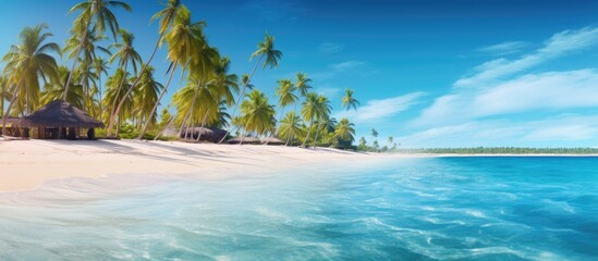 A serene view of a tropical beach in Punta Cana with palm trees swaying gently and a cozy hut on the shore