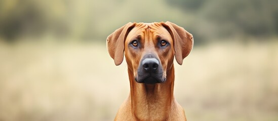 A giraffe dog with a black nose and brown ears is standing in a field under the clear sky