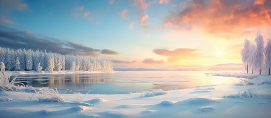 The serene winter landscape captures the sun setting over a frozen lake surrounded by a blanket of snow-clad trees. - Powered by Adobe