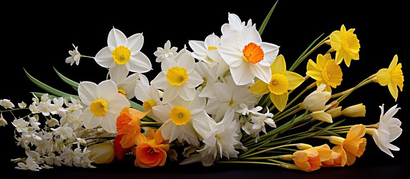 This vibrant arrangement showcases a variety of flowers such as wild daffodils, narcis, and Narcissus radiiflorus, creating a colorful display