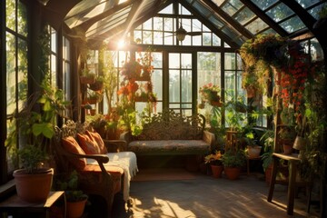 Fototapeta premium Whimsical cottage greenhouse with potted plants and seating area