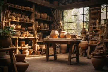 Foto op Plexiglas Rustic cottage pottery workshop with clay sculptures © Michael Böhm