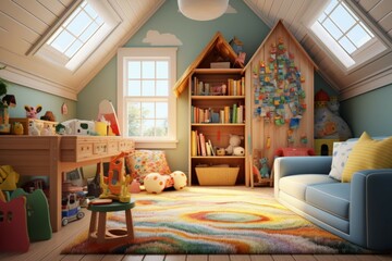 Whimsical cottage playroom with colorful playhouse and toys