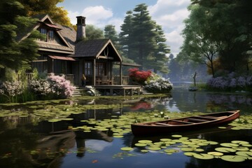 Fototapeta premium Picturesque cottage by a tranquil lake with wooden dock