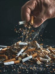 An upclose view of a hand dismantling a mound of cigarettes, visually narrating the journey towards a smokefree life ,clean sharp - obrazy, fototapety, plakaty