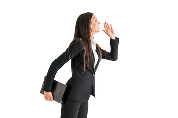 A professional woman in a black suit holding a folder and shouting, against a white background,...