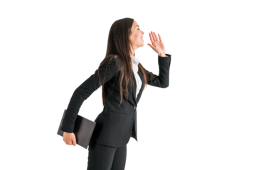 A professional woman in a black suit holding a folder and shouting, against a white background, illustrating communication concept