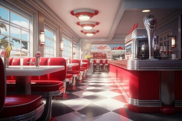 Retro diner with jukebox and waitresses - obrazy, fototapety, plakaty
