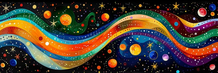 Deurstickers Vibrant abstract painting with wavy lines and dots. A captivating array of wavy lines and dots in various sizes and colors create a dynamic and vibrant abstract artwork with a cosmic feel © Merilno