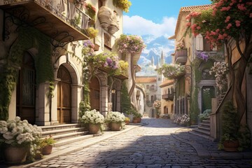 Fototapeta premium Couple strolling through a charming alleyway in a historic district.